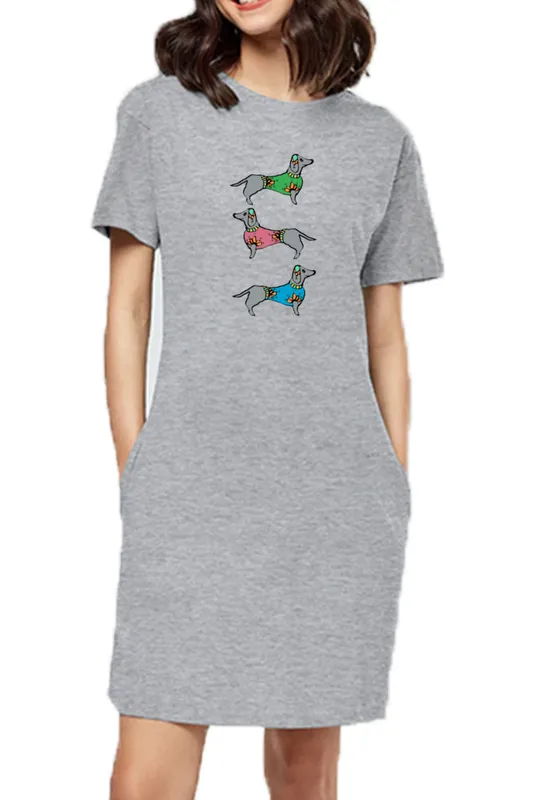 T-shirt Dress With Pockets - Three Dachshunds (6 Colours) (Slim Fit)