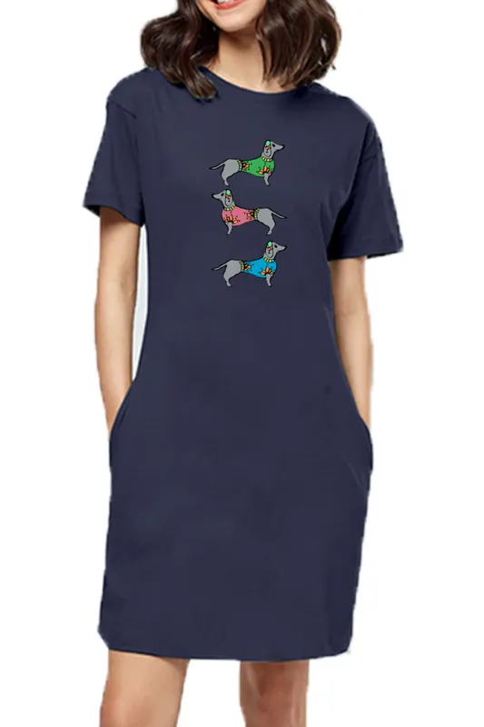 T-shirt Dress With Pockets - Three Dachshunds (6 Colours) (Slim Fit)