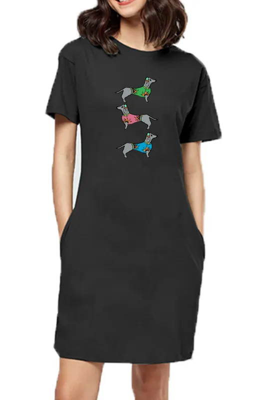 T-shirt Dress With Pockets - Three Dachshunds (6 Colours) (Slim Fit)