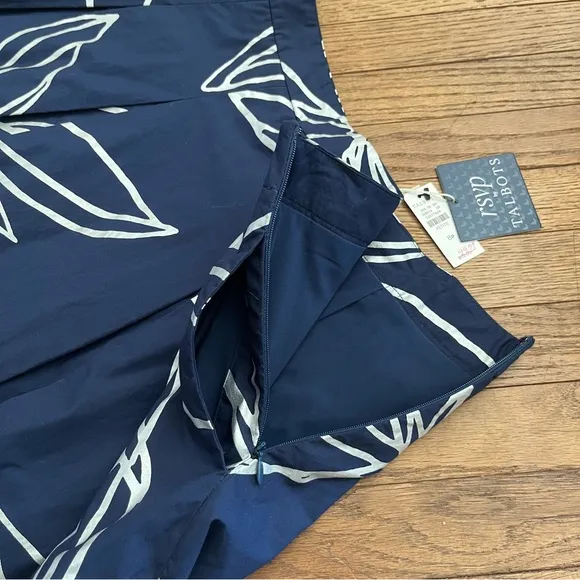 Talbots RSVP Full Midi Skirt Pleated Pockets Navy/Silver Floral Pattern Size 8P