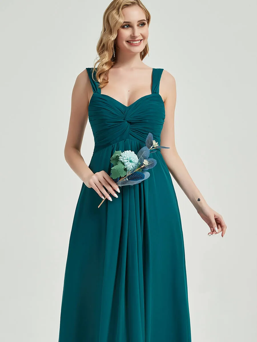 Teal Sweetheart Straps A-Line Floor Length Chiffon Bridesmaid Dress