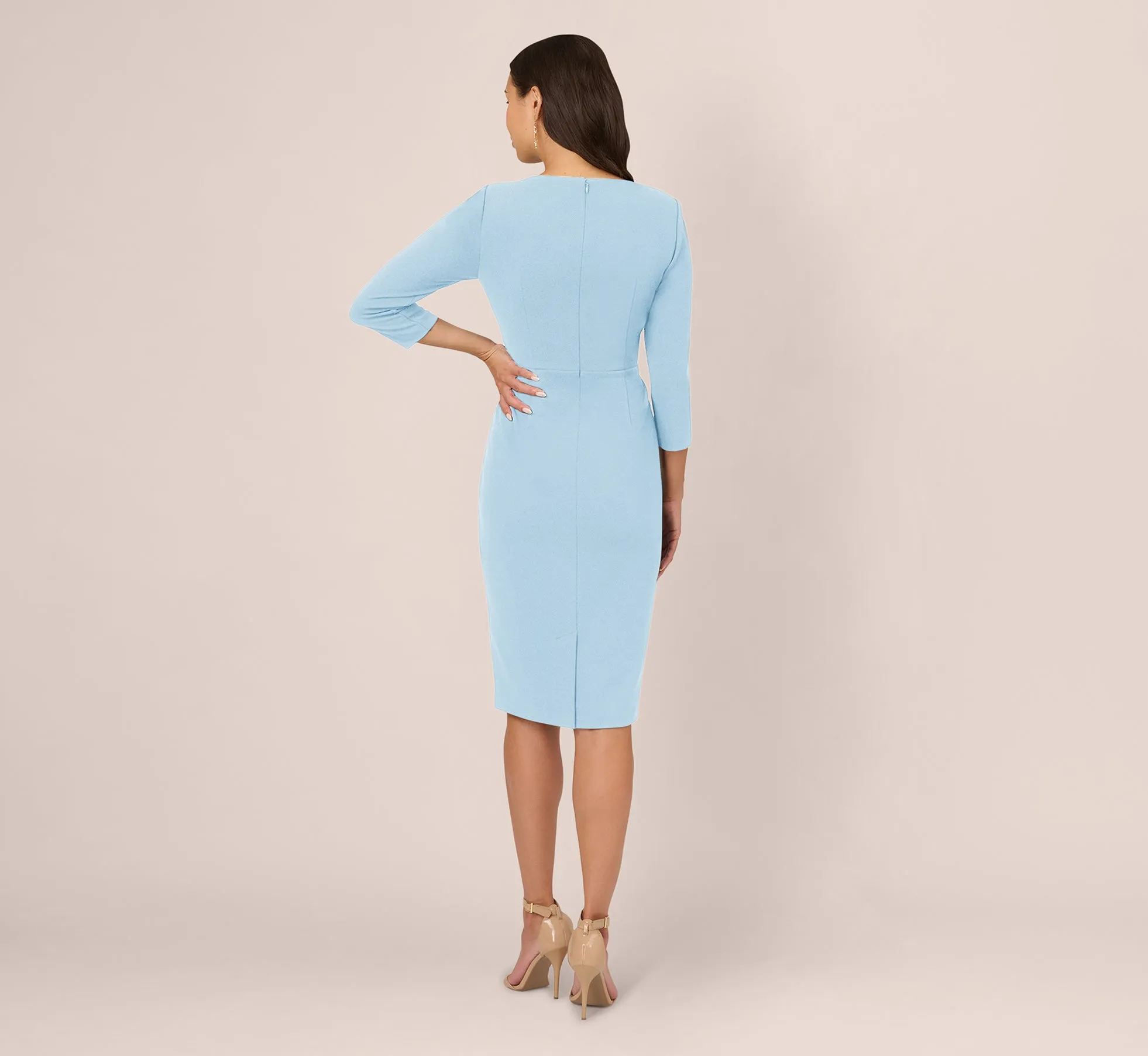 Three Quarter Sleeve Pleated Midi Dress With Tie Waist In Blue Mist