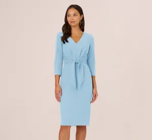 Three Quarter Sleeve Pleated Midi Dress With Tie Waist In Blue Mist