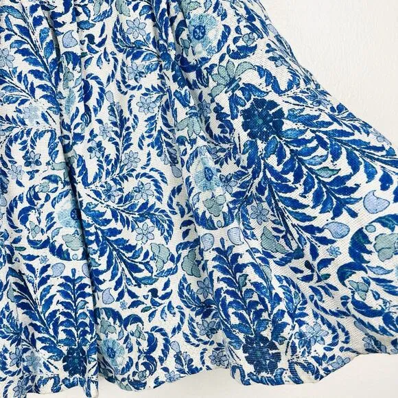 Tory Burch Blue Floral Linen &amp; Silk Pleated A-Line Skirt Size 4