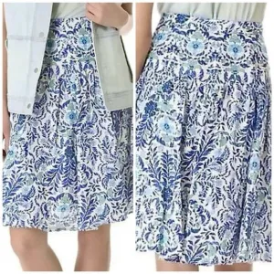 Tory Burch Blue Floral Linen &amp; Silk Pleated A-Line Skirt Size 4