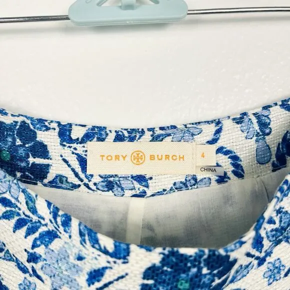 Tory Burch Blue Floral Linen &amp; Silk Pleated A-Line Skirt Size 4