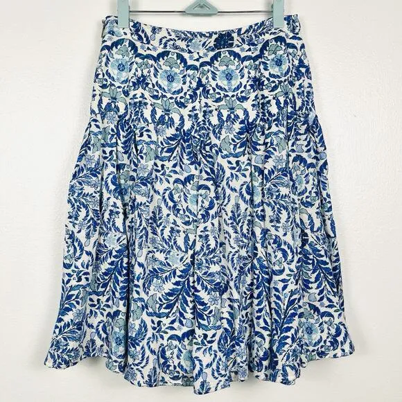 Tory Burch Blue Floral Linen &amp; Silk Pleated A-Line Skirt Size 4