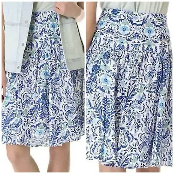 Tory Burch Blue Floral Linen &amp; Silk Pleated A-Line Skirt Size 4