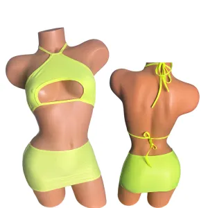 Two piece Halter Mini skirt set Wet look Neon Yellow