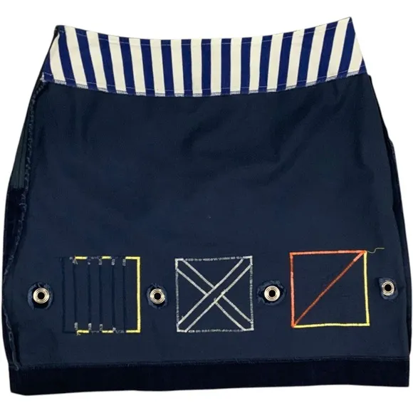 Uncommon Threads Blue Corduroy Mini Skirt Women’s Nautical Flag Letters OMG Sz 8