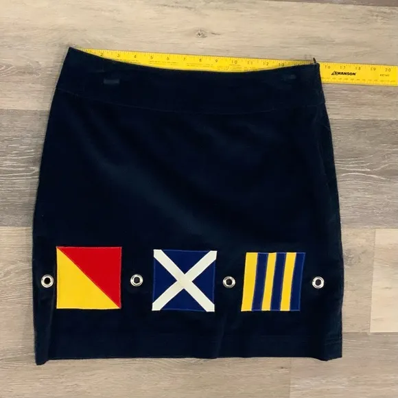 Uncommon Threads Blue Corduroy Mini Skirt Women’s Nautical Flag Letters OMG Sz 8