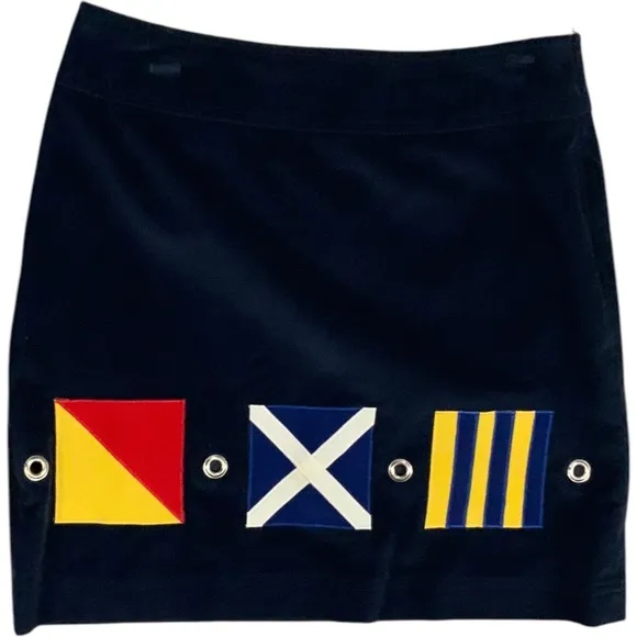 Uncommon Threads Blue Corduroy Mini Skirt Women’s Nautical Flag Letters OMG Sz 8