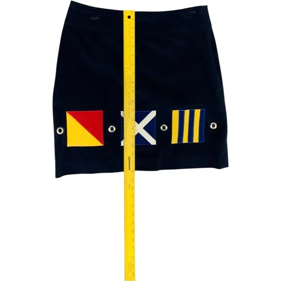 Uncommon Threads Blue Corduroy Mini Skirt Women’s Nautical Flag Letters OMG Sz 8