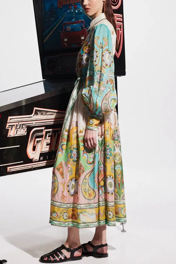 Unique Print Balloon Sleeve Belt Shirt Midi Dress
