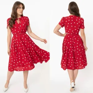 Unique Vintage | Red &amp; White Hearts Print Dahlia Swing Dress