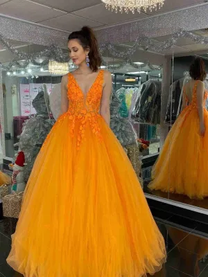 V Neck and V Back Orange Lace Long Prom, Orange Lace Formal Evening