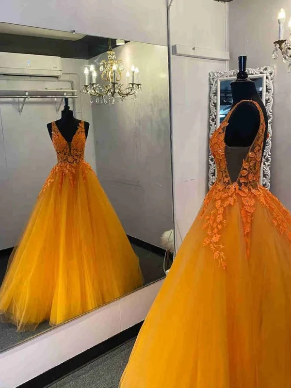V Neck and V Back Orange Lace Long Prom, Orange Lace Formal Evening