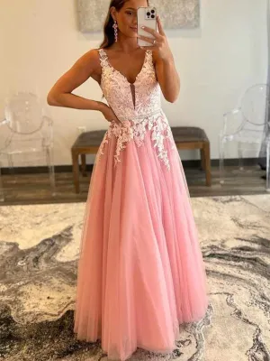 V Neck Open Back Beaded Pink Tulle Lace Long Prom Dresses, Floor Length Pink Formal Graduation Evening Dresses