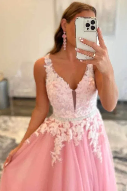 V Neck Open Back Beaded Pink Tulle Lace Long Prom Dresses, Floor Length Pink Formal Graduation Evening Dresses