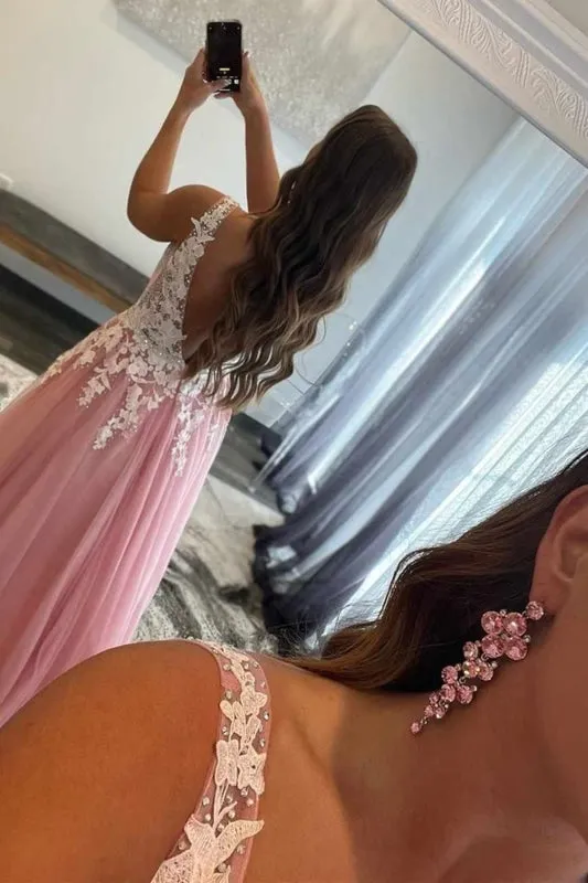 V Neck Open Back Beaded Pink Tulle Lace Long Prom Dresses, Floor Length Pink Formal Graduation Evening Dresses
