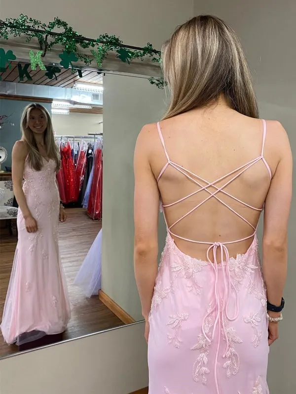 V Neck Open Back Mermaid Pink Lace Appliques Long Prom Dresses, Mermaid Pink Formal Dresses, Pink Lace Evening Dresses