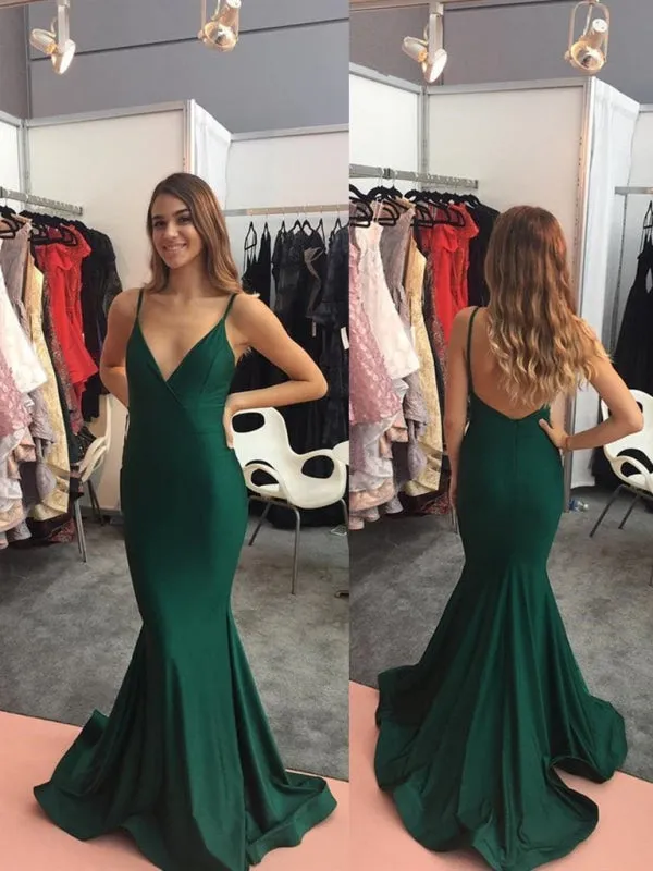 V Neck Spaghetti Straps Mermaid Backless Satin Emerald Green Long Prom, Emerald Green Formal, Evening