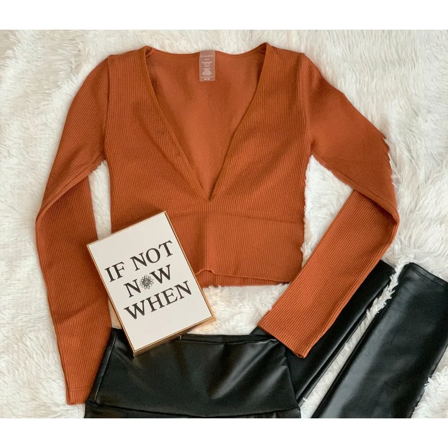 V Plunge Ribbed Longsleeve Crop Top - Copper