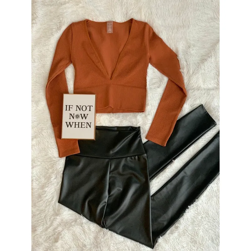 V Plunge Ribbed Longsleeve Crop Top - Copper