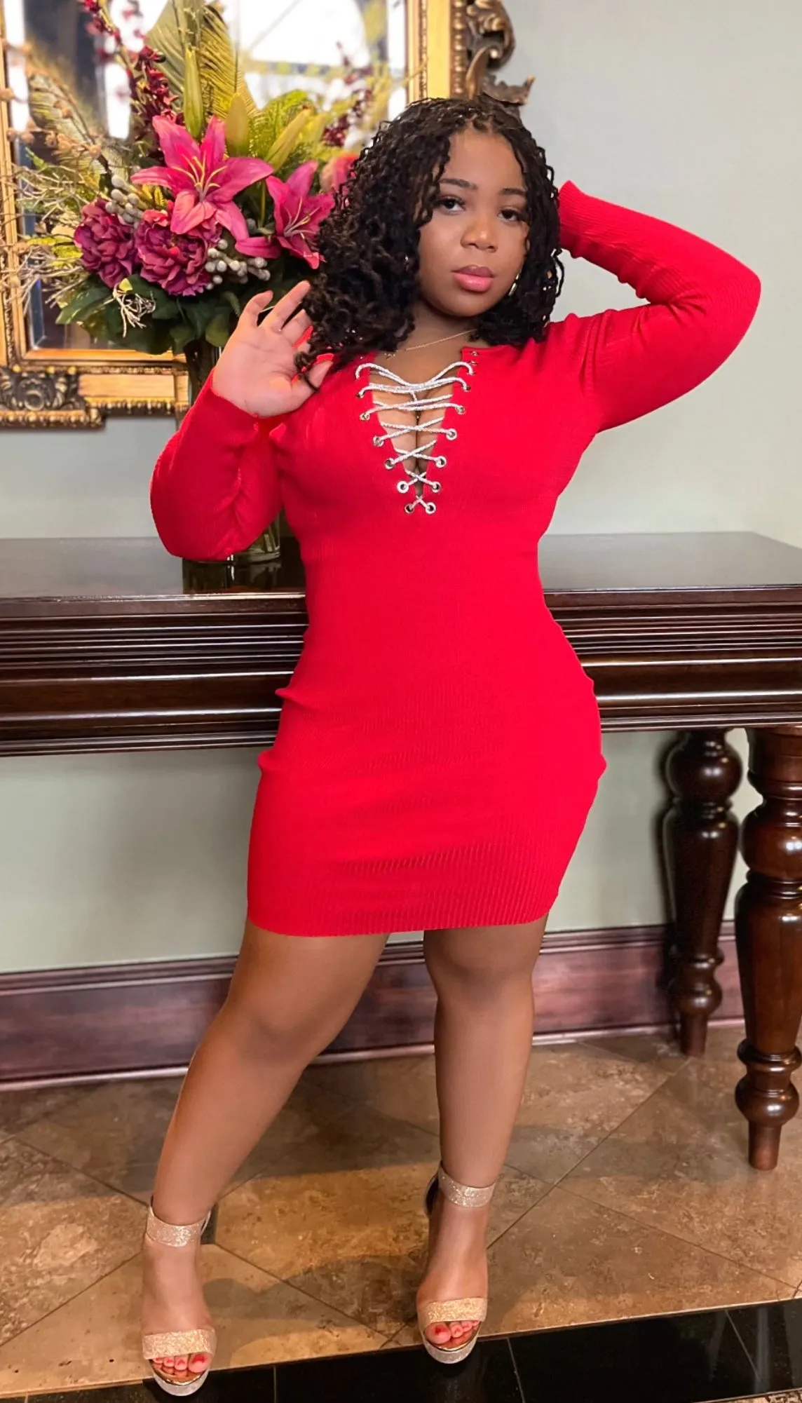 Vibrant Valentine RED “Rhinestone Lace Up “Dress !