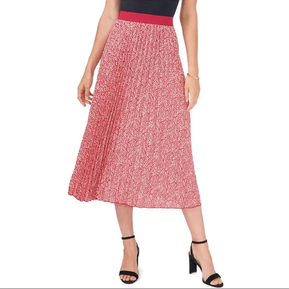 Vince Camuto Pink/Ivory Pleated Floral Midi Skirt Lightweight Feminine Girly XL