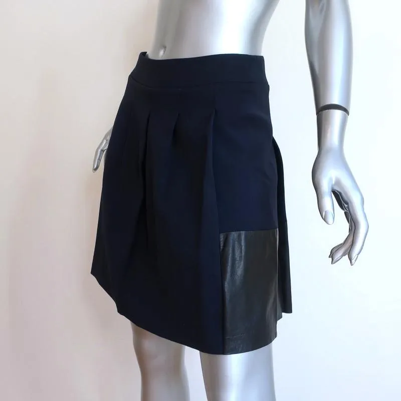 Vince Pleated Skirt Navy Stretch Wool & Black Leather Size 0