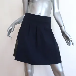 Vince Pleated Skirt Navy Stretch Wool & Black Leather Size 0