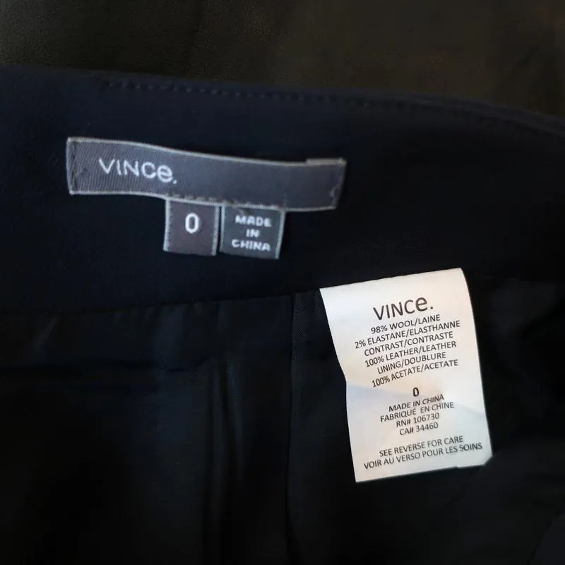 Vince Pleated Skirt Navy Stretch Wool & Black Leather Size 0