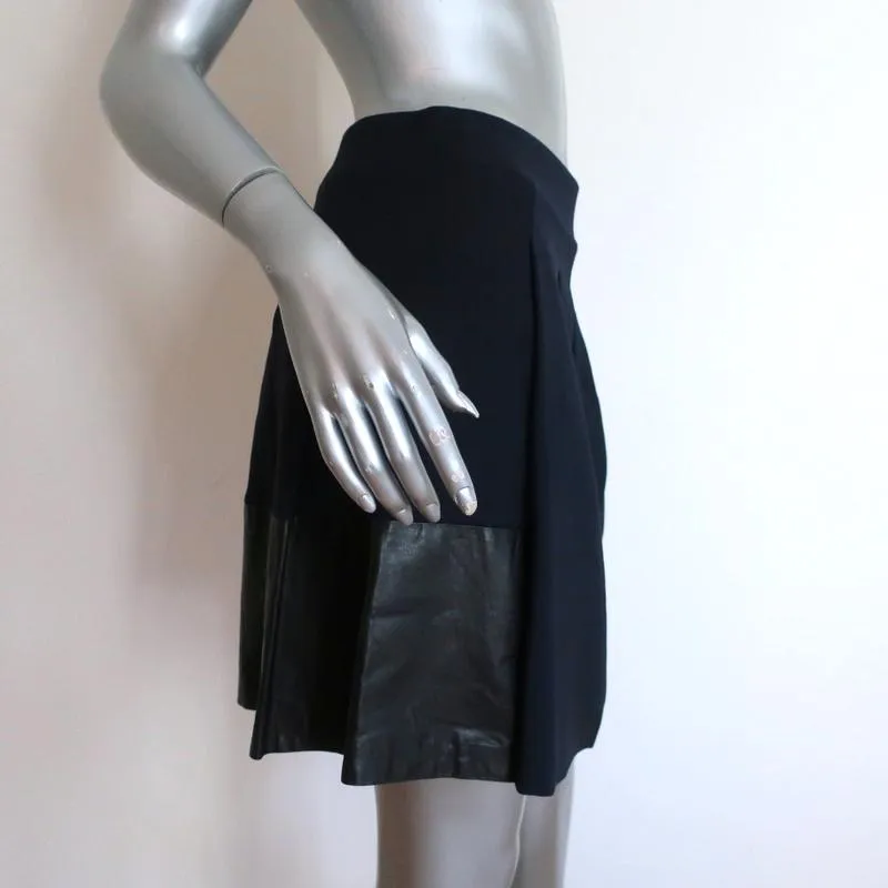 Vince Pleated Skirt Navy Stretch Wool & Black Leather Size 0