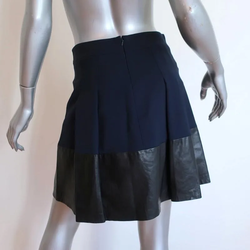Vince Pleated Skirt Navy Stretch Wool & Black Leather Size 0