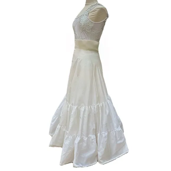 Vintage Ivory Long Petticoat with tiered Ruffles and Crinoline