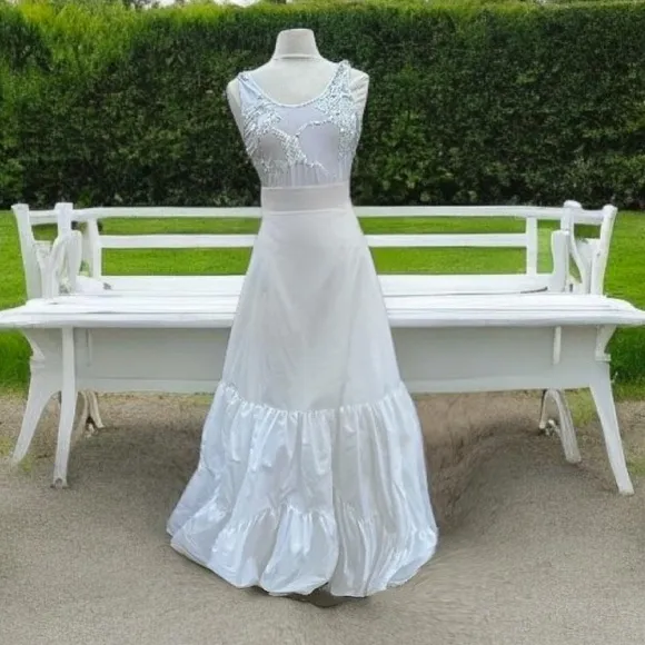 Vintage Ivory Long Petticoat with tiered Ruffles and Crinoline