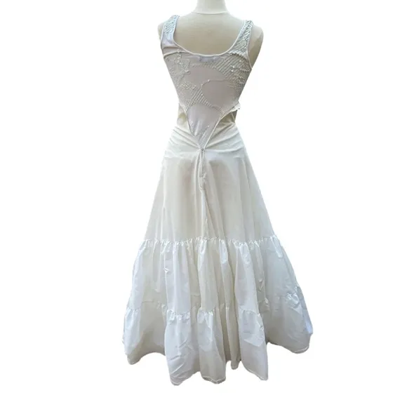 Vintage Ivory Long Petticoat with tiered Ruffles and Crinoline