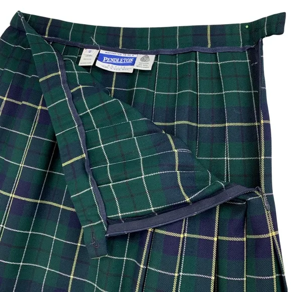 Vintage Pendleton Green Plaid Pleated Skirt with Flat Front Panel