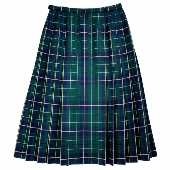 Vintage Pendleton Green Plaid Pleated Skirt with Flat Front Panel
