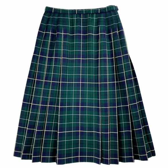 Vintage Pendleton Green Plaid Pleated Skirt with Flat Front Panel