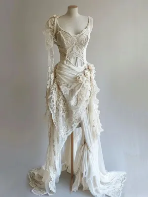 Vintage Unique Long Lace Prom Dress Wedding Dress Bridal Gown    fg7209