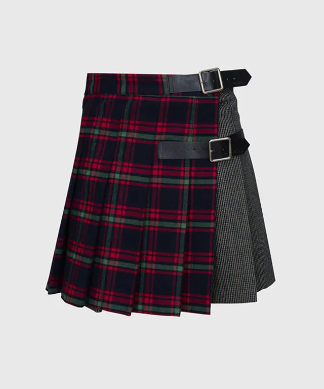 [Warehouse Sale] KANDINI Mixed Check Pleats Skirt - Navy