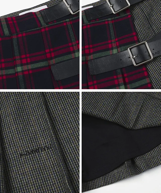 [Warehouse Sale] KANDINI Mixed Check Pleats Skirt - Navy