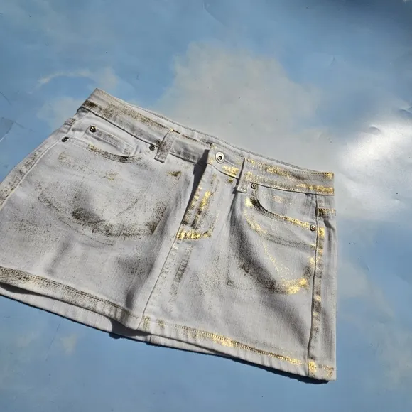 White &amp; Gold Flake Denim Mini Skirt Y2k Mini Skirt 90s Doll Bratz