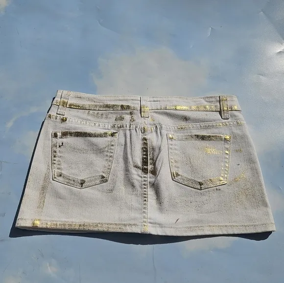 White &amp; Gold Flake Denim Mini Skirt Y2k Mini Skirt 90s Doll Bratz