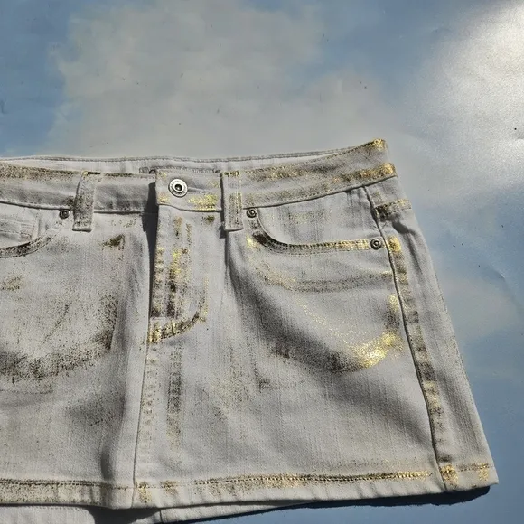 White &amp; Gold Flake Denim Mini Skirt Y2k Mini Skirt 90s Doll Bratz