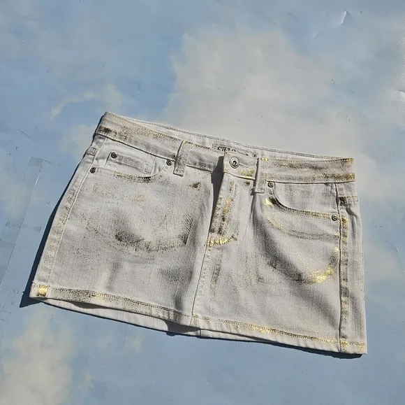 White &amp; Gold Flake Denim Mini Skirt Y2k Mini Skirt 90s Doll Bratz