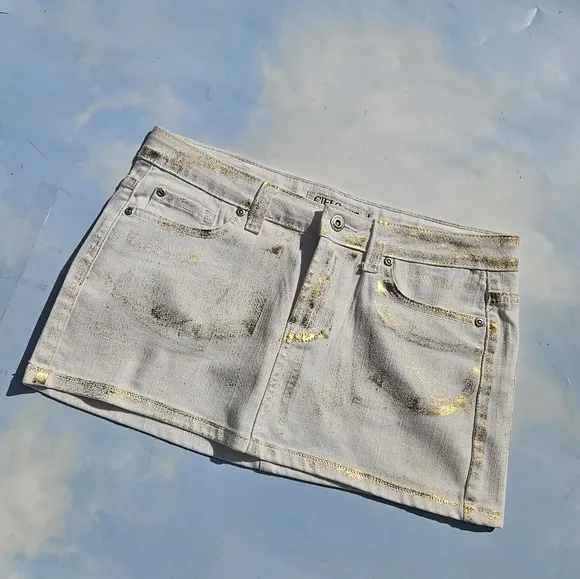 White &amp; Gold Flake Denim Mini Skirt Y2k Mini Skirt 90s Doll Bratz