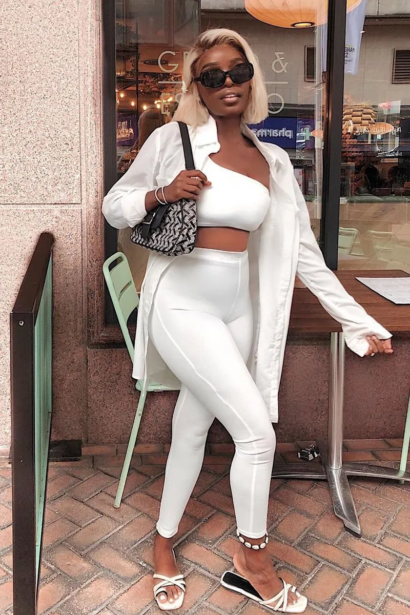 White One Shoulder Crop Top and Leggings Co-Ord - Marrie